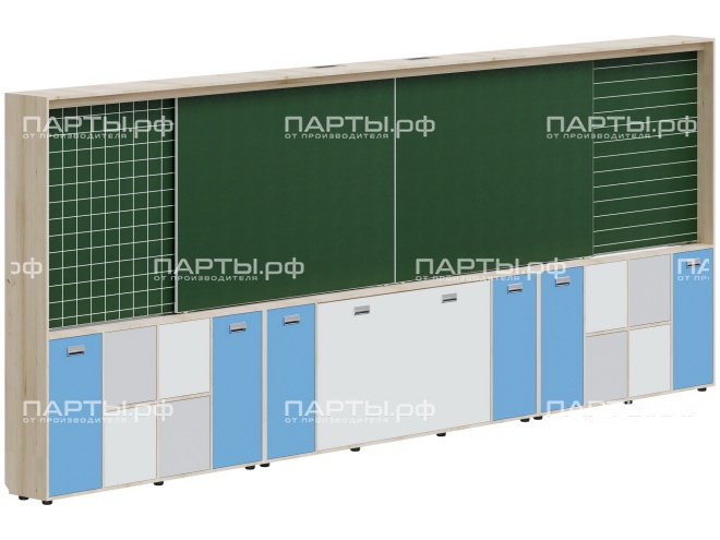 Рельсовая система досок с комплексом хранения, для начальных классов 4800х300х1930 мм для панели до 75" МКП.4.П.Н.4-Д.БСС (фасады - белый / серый / синий, корпус - дуб "Бардолино")