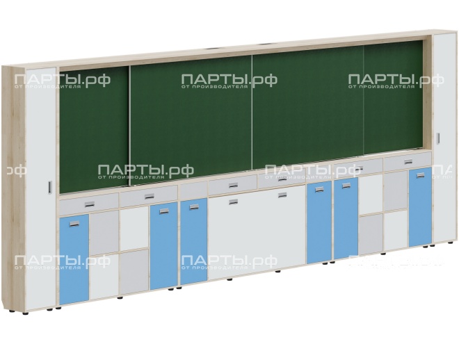 Рельсовая система досок с комплексом хранения, для старших классов 5760х300х2080 мм для панели до 75" МКП.4.П.С.1.ШО.ШД-Д.БСС (фасады - белый / серый / синий, корпус - дуб "Бардолино")
