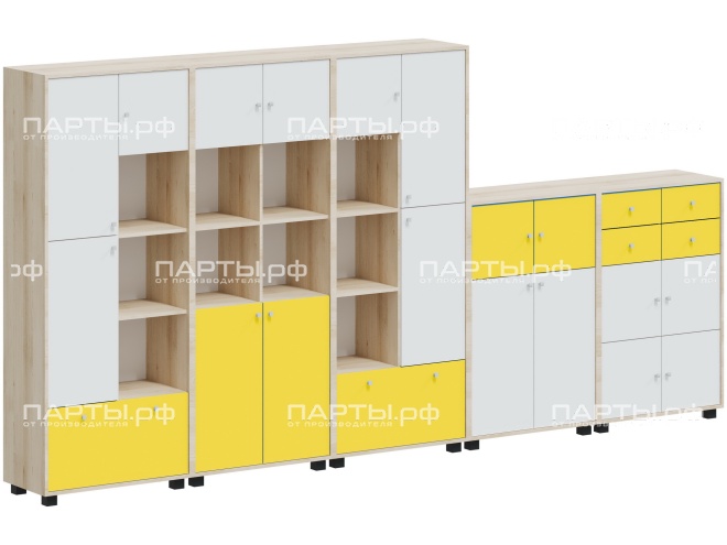 Система хранения 3690х384х1870 мм, тип 2.1, СХ.5.2.5.6.1-Д.БЖ (фасады белый/желтый, корпус дуб "Бардолино") Система хранения 3690х384х1870 мм, тип 2.1, СХ.5.2.5.6.1-Д.БЖ (фасады белый/желтый, корпус дуб "Бардолино")