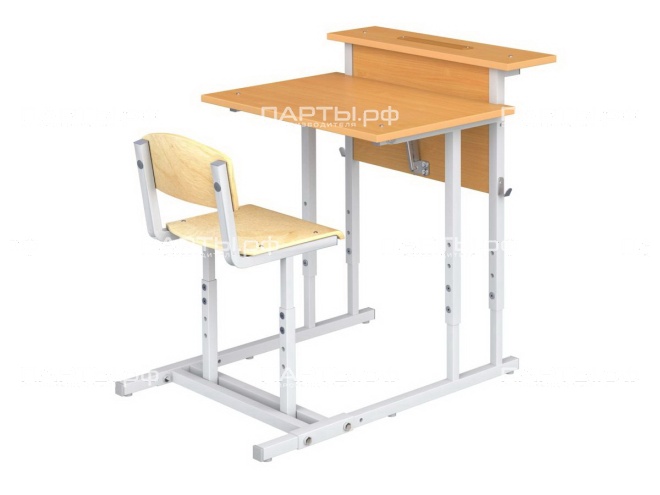 Парта школьная 1-местная 2-4 г/р с наклоном столешницы 0-35° регулируемая с полкой и стулом ПРТнстП1.24 (бук и фанера, м/к серый, квадратная труба)