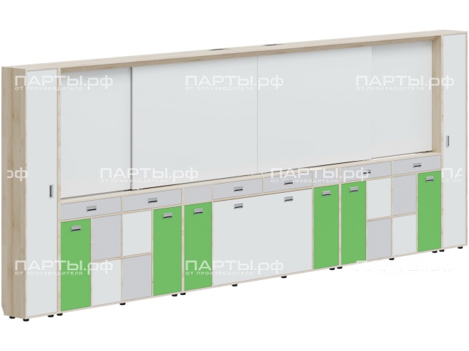 Рельсовая система досок АГРОТЕХ с комплексом хранения, для старших классов 5760х300х2080 мм для панели до 75" МКП.4.П.С.2.ШО.ШД-Д.БСЗ (фасады - белый / серый / зеленый, корпус - дуб "Бардолино")
