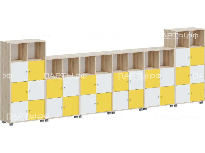 Система хранения АГРОТЕХ с индивидуальными ячейками 4428х384х1510(1149) мм, тип 1, СХ.10.4.4.4.4.10-Д.БЖ (фасады белый/желтый, корпус дуб "Бардолино")