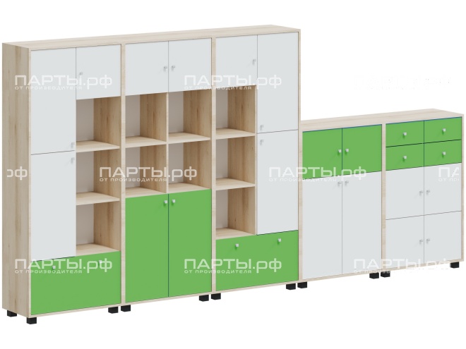 Система хранения 3690х384х1870 мм, тип 2.1, СХ.5.2.5.6.1-Д.БЖ (фасады белый/зеленый, корпус дуб "Бардолино")