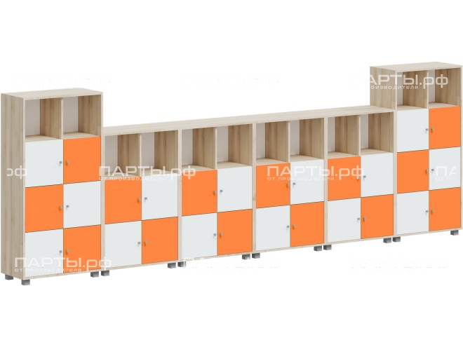 Система хранения с индивидуальными ячейками 4428х384х1510(1149) мм, тип 1, СХ.10.4.4.4.4.10-Д.БО (фасады белый/оранжевый, корпус дуб "Бардолино")