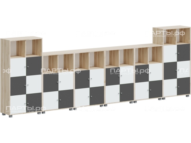 Система хранения с индивидуальными ячейками 4428х384х1510(1149) мм, тип 1, СХ.10.4.4.4.4.10-Д.БГ (фасады белый/графит, корпус дуб "Бардолино")