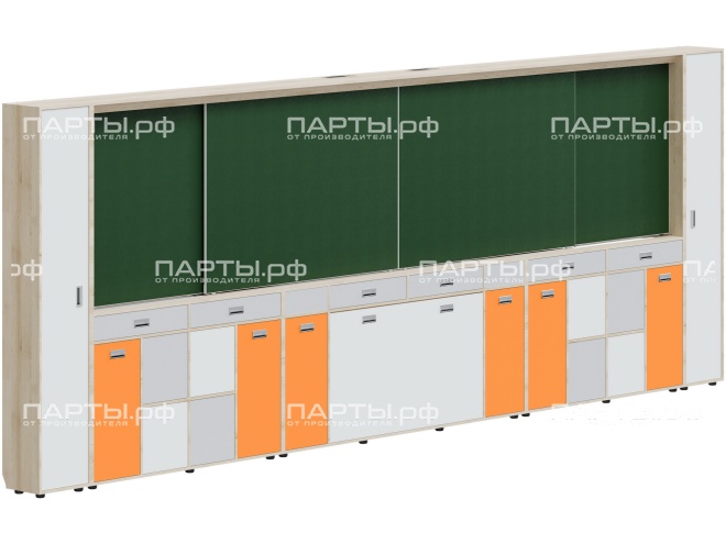 Рельсовая система досок с комплексом хранения, для старших классов 5760х300х2080 мм для панели до 75" МКП.4.П.С.1.ШО.ШД-Д.БСО (фасады - белый / серый / оранжевый, корпус - дуб "Бардолино") Рельсовая система досок с комплексом хранения, для старших классов 5760х300х2080 мм для панели до 75" МКП.4.П.С.1.ШО.ШД-Д.БСО (фасады - белый / серый / оранжевый, корпус - дуб "Бардолино")
