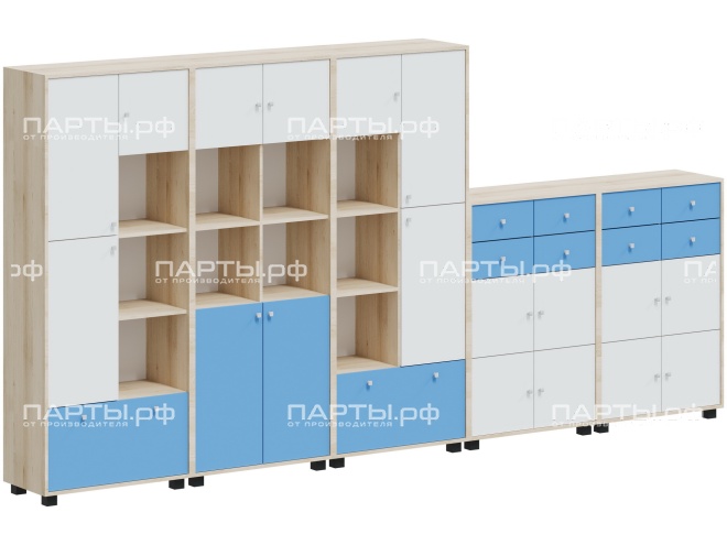 Система хранения 3690х384х1870 мм, тип 2.2, СХ.5.2.5.1.1-Д.БС (фасады белый/синий, корпус дуб "Бардолино")