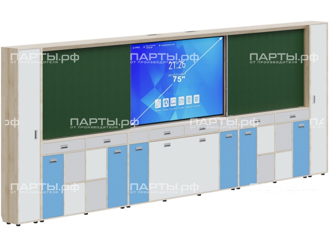 Рельсовая система досок с комплексом хранения, для старших классов 5760х300х2080 мм для панели до 75" МКП.4.П.С.1.ШО.ШД-Д.БСС (фасады - белый / серый / синий, корпус - дуб "Бардолино") Рельсовая система досок с комплексом хранения, для старших классов 5760х300х2080 мм для панели до 75" МКП.4.П.С.1.ШО.ШД-Д.БСС (фасады - белый / серый / синий, корпус - дуб "Бардолино")