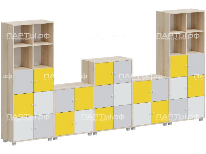 Система хранения АГРОТЕХ с индивидуальными ячейками 3690х384х1870(788) мм, тип 3, СХ.11.2.5.2.11-Д.БСЖ (фасады белый/серый/желтый, корпус дуб "Бардолино")