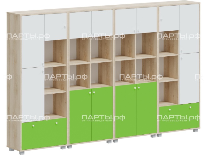 Система хранения 2952х384х1870 мм, тип 6, СХ.5.2.2.5-Д.БЗ (фасады белый/зеленый, корпус дуб "Бардолино")