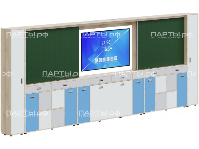 Рельсовая система досок с комплексом хранения, для старших классов 5760х300х2080 мм для панели до 75" МКП.4.П.С.1.ШО.ШД-Д.БСС (фасады - белый / серый / синий, корпус - дуб "Бардолино") Рельсовая система досок с комплексом хранения, для старших классов 5760х300х2080 мм для панели до 75" МКП.4.П.С.1.ШО.ШД-Д.БСС (фасады - белый / серый / синий, корпус - дуб "Бардолино")