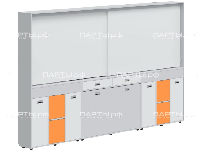 Рельсовая система досок с комплексом хранения, для старших классов 3500х300х2080 мм для панели до 75" МКП.2.П.С.2-С.БСО (фасады - белый / серый / оранжевый, корпус - серый) Рельсовая система досок с комплексом хранения, для старших классов 3500х300х2080 мм для панели до 75" МКП.2.П.С.2-С.БСО (фасады - белый / серый / оранжевый, корпус - серый)