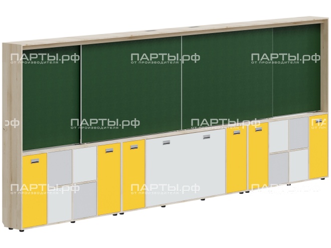 Рельсовая система досок АГРОТЕХ с комплексом хранения, для начальных классов 4800х300х1930 мм для панели до 75" МКП.4.П.Н.1-Д.БСЖ (фасады - белый / серый / желтый, корпус - дуб "Бардолино")