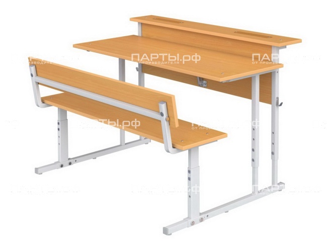 Парта школьная 2-местная 2-4 г/р с наклоном столешницы 0-35° регулируемая с полкой и скамьей ПРТнскП2.24 (бук, м/к серый, квадратная труба)