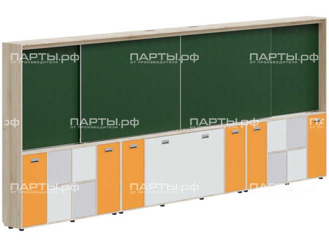 Рельсовая система досок с комплексом хранения, для начальных классов 4800х300х1930 мм для панели до 75" МКП.4.П.Н.1-Д.БСО (фасады - белый / серый / оранжевый, корпус - дуб "Бардолино")