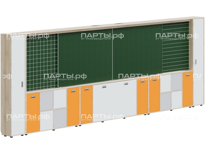 Рельсовая система досок с комплексом хранения, для начальных классов 5760х300х1930 мм для панели до 75" МКП.4.П.Н.3.ШО.ШД-Д.БСО (фасады - белый / серый / оранжевый, корпус - дуб "Бардолино")