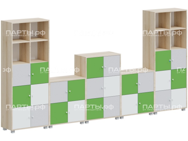 Система хранения АГРОТЕХ с индивидуальными ячейками 3690х384х1870(788) мм, тип 3, СХ.11.2.5.2.11-Д.БСЗ (фасады белый/серый/зеленый, корпус дуб "Бардолино")