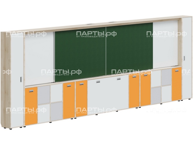 Рельсовая система досок с комплексом хранения, для начальных классов 5760х300х1930 мм для панели до 75" МКП.4.П.Н.3.ШО.ШД-Д.БСО (фасады - белый / серый / оранжевый, корпус - дуб "Бардолино")