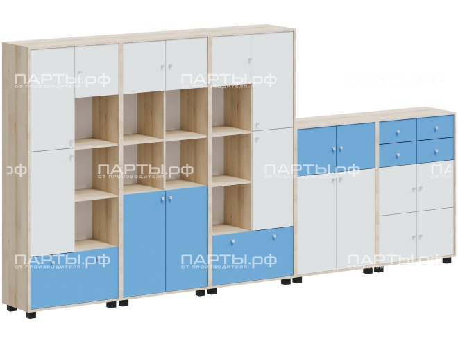 Система хранения 3690х384х1870 мм, тип 2.1, СХ.5.2.5.6.1-Д.БС (фасады белый/синий, корпус дуб "Бардолино")