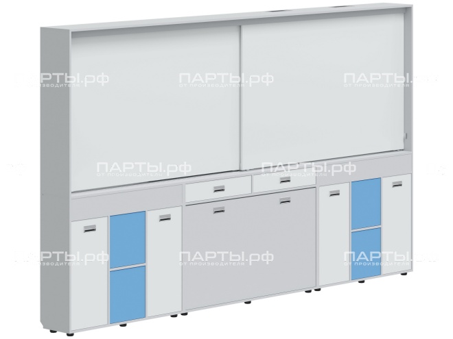 Рельсовая система досок с комплексом хранения, для старших классов 3500х300х2080 мм для панели до 75" МКП.2.П.С.2-С.БСС (фасады - белый / серый / синий, корпус - серый) Рельсовая система досок с комплексом хранения, для старших классов 3500х300х2080 мм для панели до 75" МКП.2.П.С.2-С.БСС (фасады - белый / серый / синий, корпус - серый)