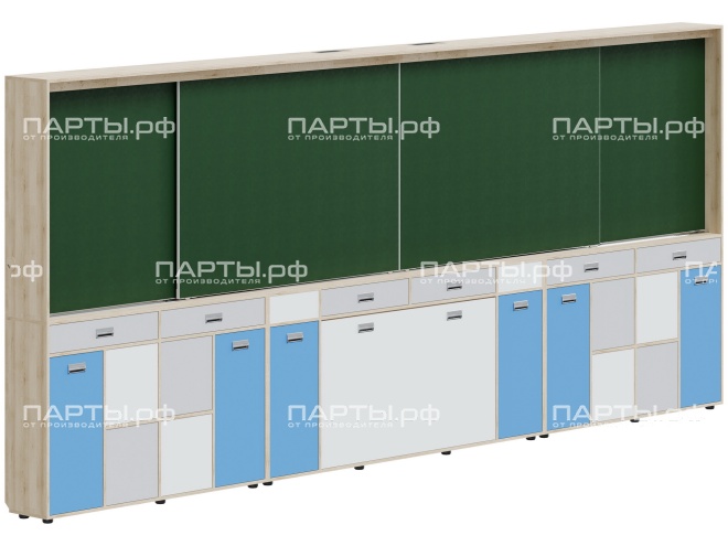 Рельсовая система досок с комплексом хранения, для старших классов 4800х300х2080 мм для панели до 75" МКП.4.П.С.1-Д.БСС (фасады - белый / серый / синий, корпус - дуб "Бардолино") Рельсовая система досок с комплексом хранения, для старших классов 4800х300х2080 мм для панели до 75" МКП.4.П.С.1-Д.БСС (фасады - белый / серый / синий, корпус - дуб "Бардолино")