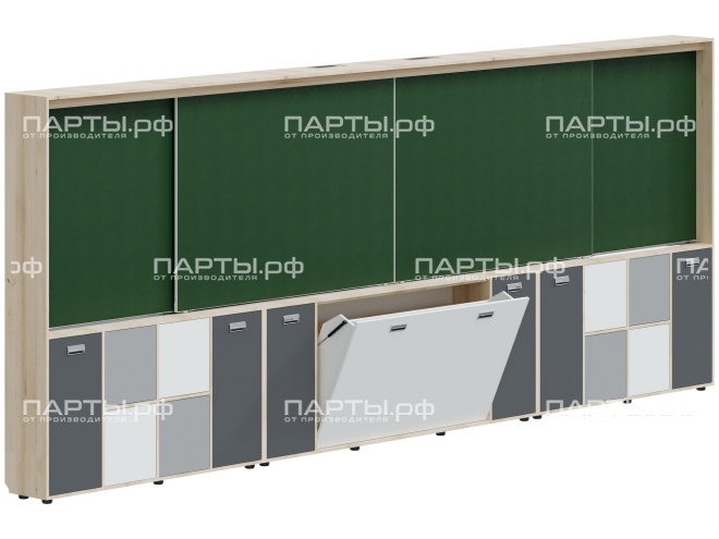 Рельсовая система досок с комплексом хранения, для начальных классов 4800х300х1930 мм для панели до 75" МКП.4.П.Н.1-Д.БСГ (фасады - белый / серый / графит, корпус - дуб "Бардолино")