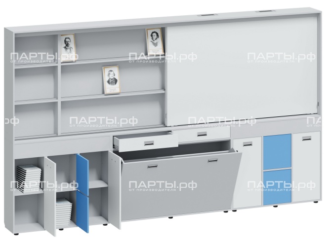 Рельсовая система досок с комплексом хранения, для старших классов 3500х300х2080 мм для панели до 75" МКП.2.П.С.2-С.БСС (фасады - белый / серый / синий, корпус - серый) Рельсовая система досок с комплексом хранения, для старших классов 3500х300х2080 мм для панели до 75" МКП.2.П.С.2-С.БСС (фасады - белый / серый / синий, корпус - серый)