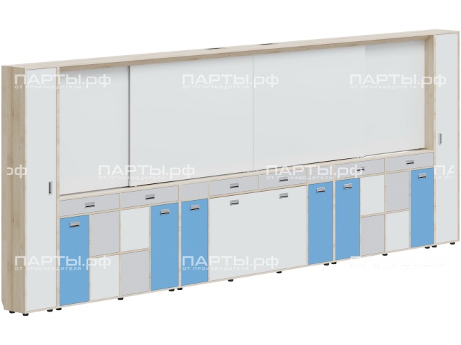 Рельсовая система досок с комплексом хранения, для старших классов 5760х300х2080 мм для панели до 75" МКП.4.П.С.2.ШО.ШД-Д.БСС (фасады - белый / серый / синий, корпус - дуб "Бардолино")