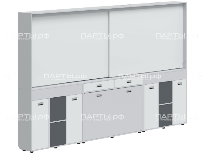 Рельсовая система досок с комплексом хранения, для старших классов 3500х300х2080 мм для панели до 75" МКП.2.П.С.2-С.БСГ (фасады - белый / серый / графит, корпус - серый)