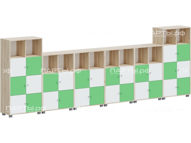 Система хранения АГРОТЕХ с индивидуальными ячейками 4428х384х1510(1149) мм, тип 1, СХ.10.4.4.4.4.10-Д.БЗ (фасады белый/зеленый, корпус дуб "Бардолино")