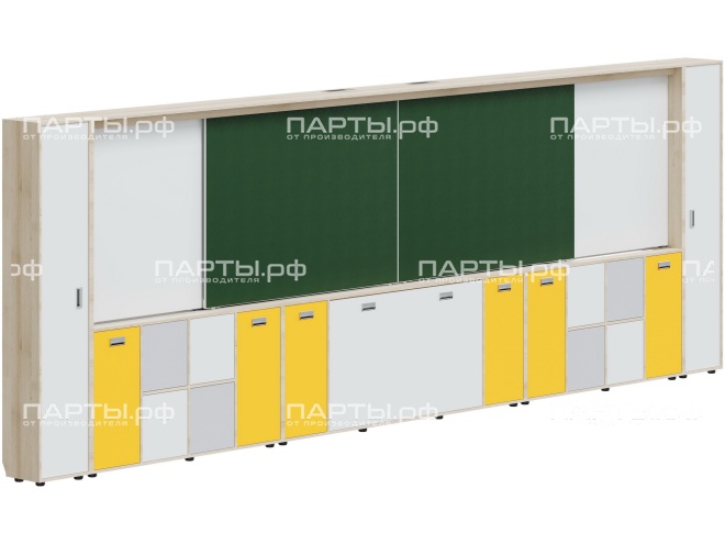 Рельсовая система досок АГРОТЕХ с комплексом хранения, для начальных классов 5760х300х1930 мм для панели до 75" МКП.4.П.Н.3.ШО.ШД-Д.БСЖ (фасады - белый / серый / желтый, корпус - дуб "Бардолино") Рельсовая система досок АГРОТЕХ с комплексом хранения, для начальных классов 5760х300х1930 мм для панели до 75" МКП.4.П.Н.3.ШО.ШД-Д.БСЖ (фасады - белый / серый / желтый, корпус - дуб "Бардолино")