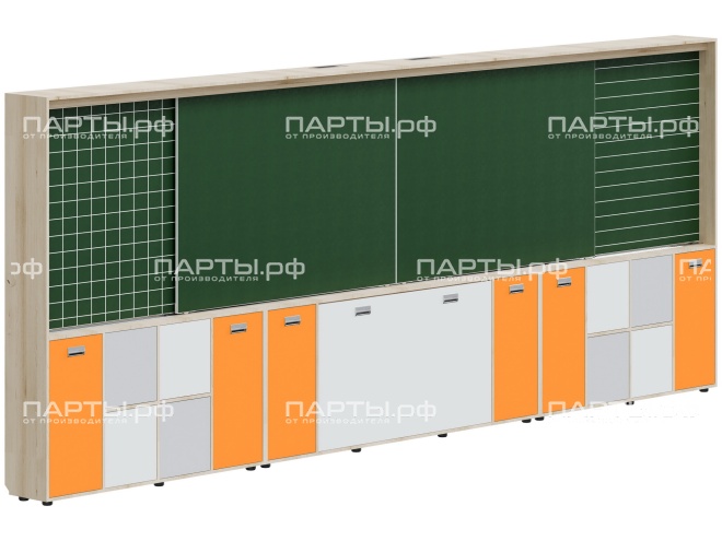 Рельсовая система досок с комплексом хранения, для начальных классов 4800х300х1930 мм для панели до 75" МКП.4.П.Н.4-Д.БСО (фасады - белый / серый / оранжевый, корпус - дуб "Бардолино")