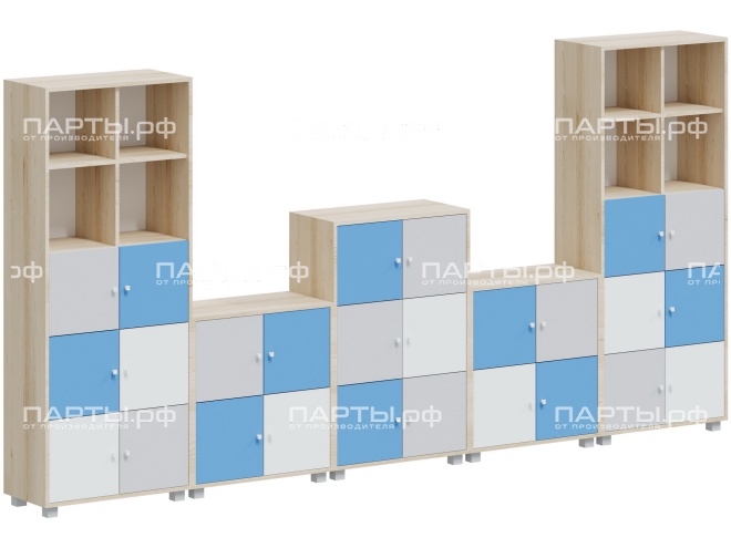 Система хранения с индивидуальными ячейками 3690х384х1870(788) мм, тип 3, СХ.11.2.5.2.11-Д.БСС (фасады белый/серый/синий, корпус дуб "Бардолино")