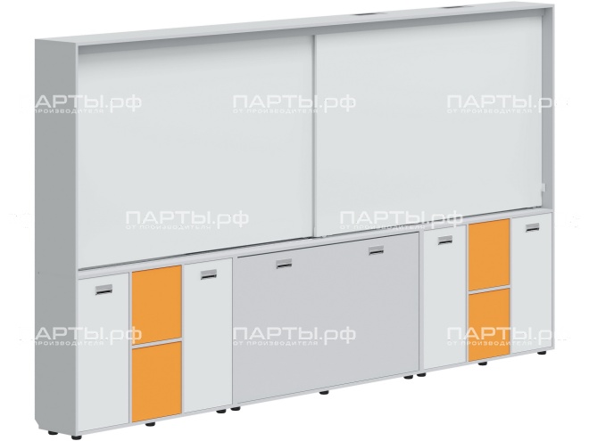 Рельсовая система досок с комплексом хранения, для начальных классов 3500х300х1930 мм для панели до 75" МКП.2.П.Н.2-С.БСО (фасады - белый / серый / оранжевый, корпус - серый)