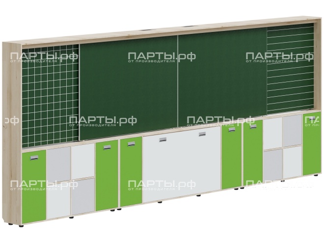 Рельсовая система досок АГРОТЕХ с комплексом хранения, для начальных классов 4800х300х1930 мм для панели до 75" МКП.4.П.Н.4-Д.БСЗ (фасады - белый / серый / зеленый, корпус - дуб "Бардолино") Рельсовая система досок АГРОТЕХ с комплексом хранения, для начальных классов 4800х300х1930 мм для панели до 75" МКП.4.П.Н.4-Д.БСЗ (фасады - белый / серый / зеленый, корпус - дуб "Бардолино")