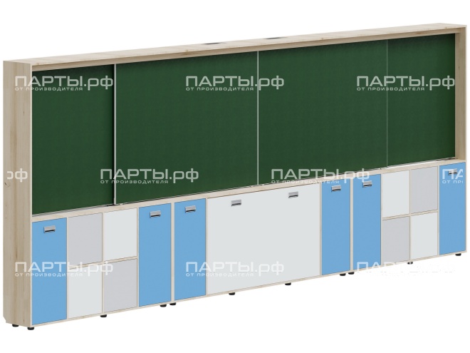 Рельсовая система досок с комплексом хранения, для начальных классов 4800х300х1930 мм для панели до 75" МКП.4.П.Н.1-Д.БСС (фасады - белый / серый / синий, корпус - дуб "Бардолино")