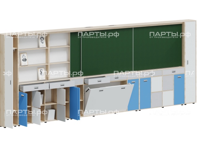 Рельсовая система досок с комплексом хранения, для старших классов 5760х300х2080 мм для панели до 75" МКП.4.П.С.1.ШО.ШД-Д.БСС (фасады - белый / серый / синий, корпус - дуб "Бардолино") Рельсовая система досок с комплексом хранения, для старших классов 5760х300х2080 мм для панели до 75" МКП.4.П.С.1.ШО.ШД-Д.БСС (фасады - белый / серый / синий, корпус - дуб "Бардолино")