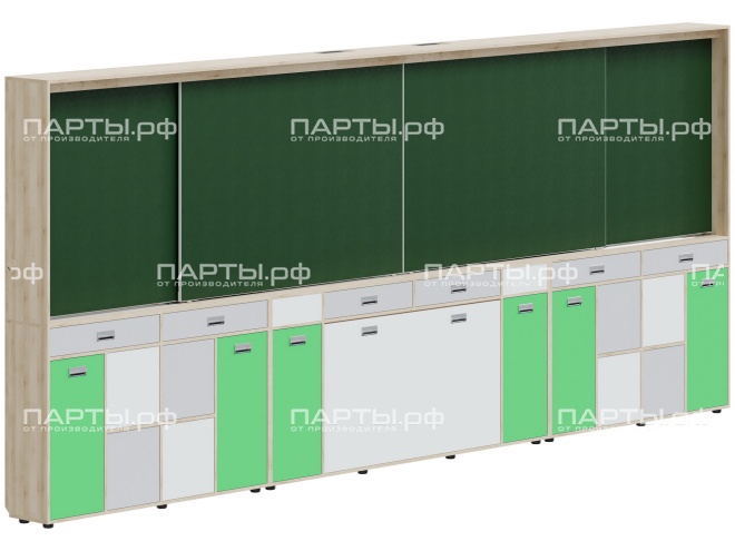 Рельсовая система досок АГРОТЕХ с комплексом хранения, для старших классов 4800х300х2080 мм для панели до 75" МКП.4.П.С.1-Д.БСЗ (фасады - белый / серый / зеленый, корпус - дуб "Бардолино")