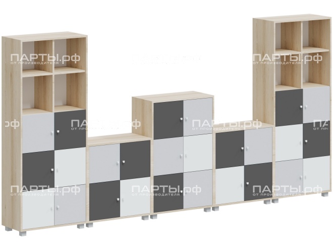 Система хранения с индивидуальными ячейками 3690х384х1870(788) мм, тип 3, СХ.11.2.5.2.11-Д.БСГ (фасады белый/серый/графит, корпус дуб "Бардолино")