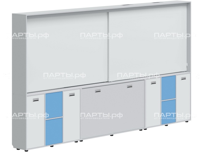 Рельсовая система досок с комплексом хранения, для начальных классов 3500х300х1930 мм для панели до 75" МКП.2.П.Н.2-С.БСС (фасады - белый / серый / синий, корпус - серый)